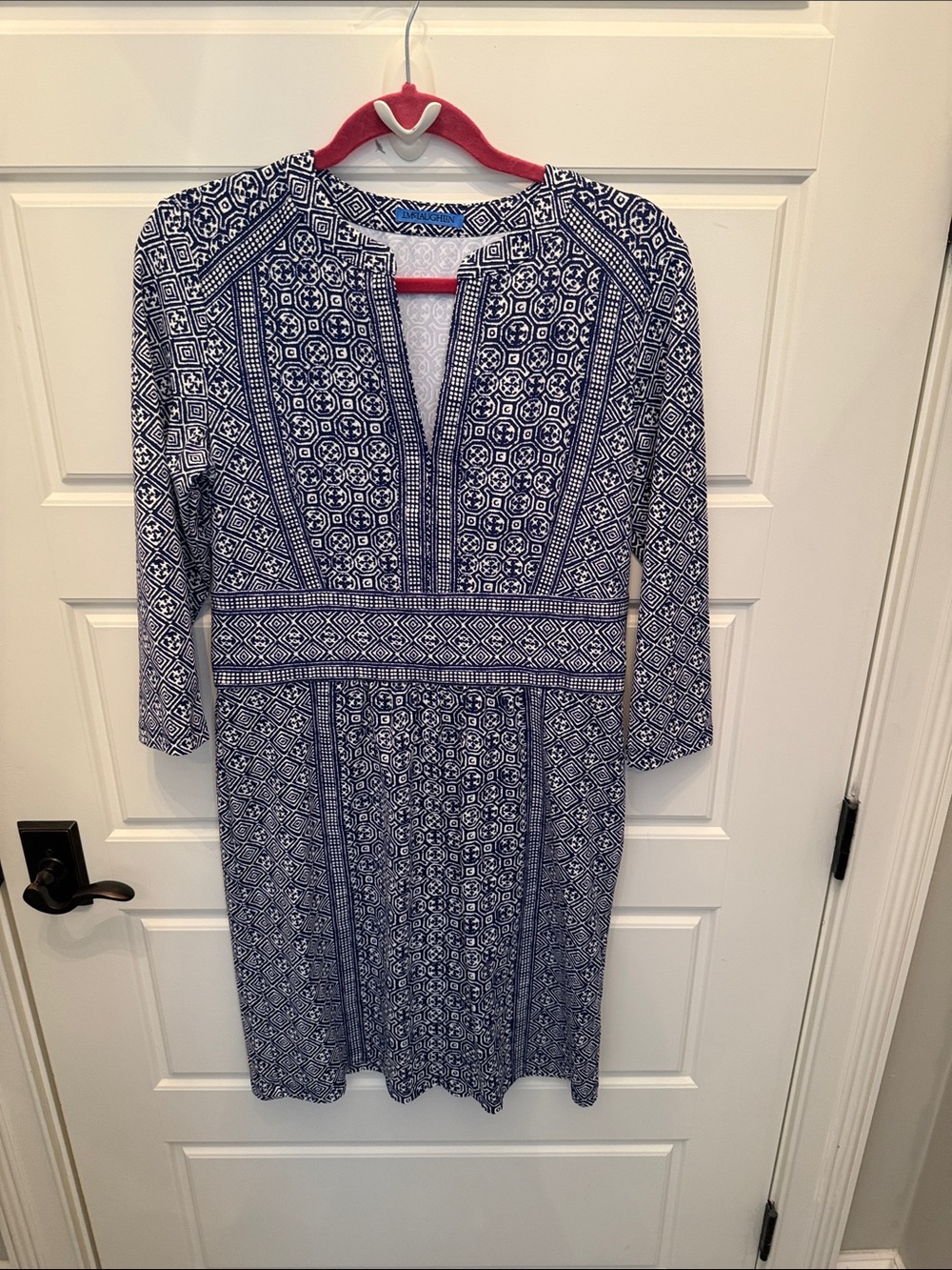 Blue and White Printed Women’s Dress- fitted waist band - concealed side zipper